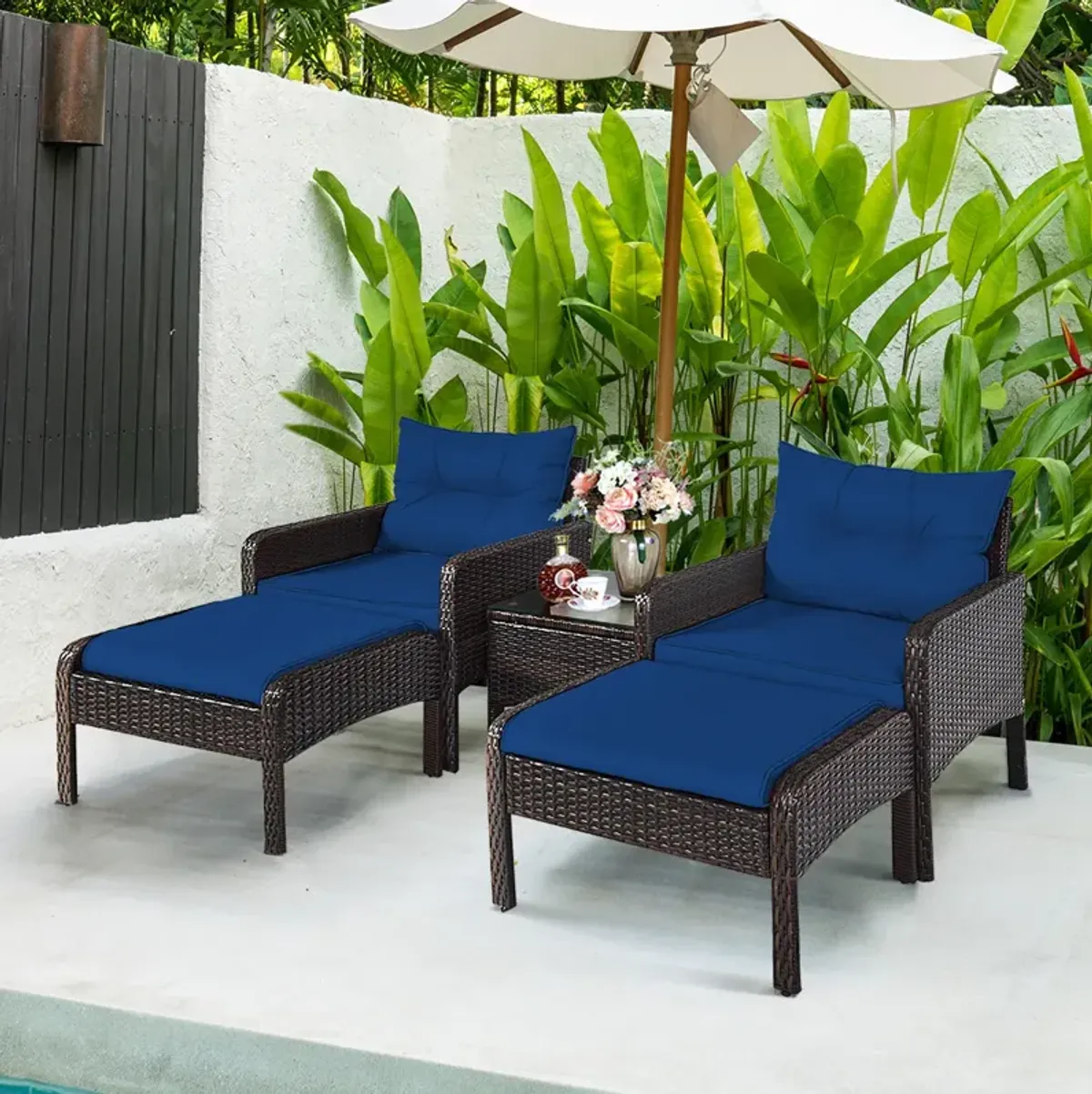 5 Pieces Patio Rattan Sofa Ottoman Furniture Set with Cushions