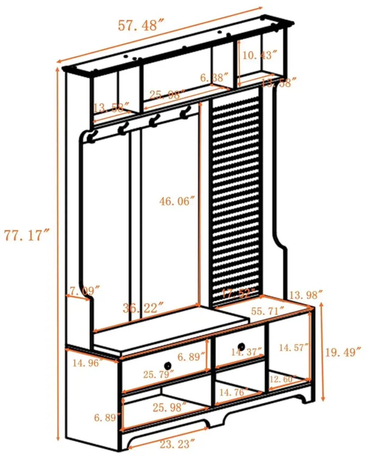 Hall Tree with Shoe Bench, Coat Rack ,Shoe Storage ,Storage Shelves and Pegboard, for Hallways, Halls and Bedrooms