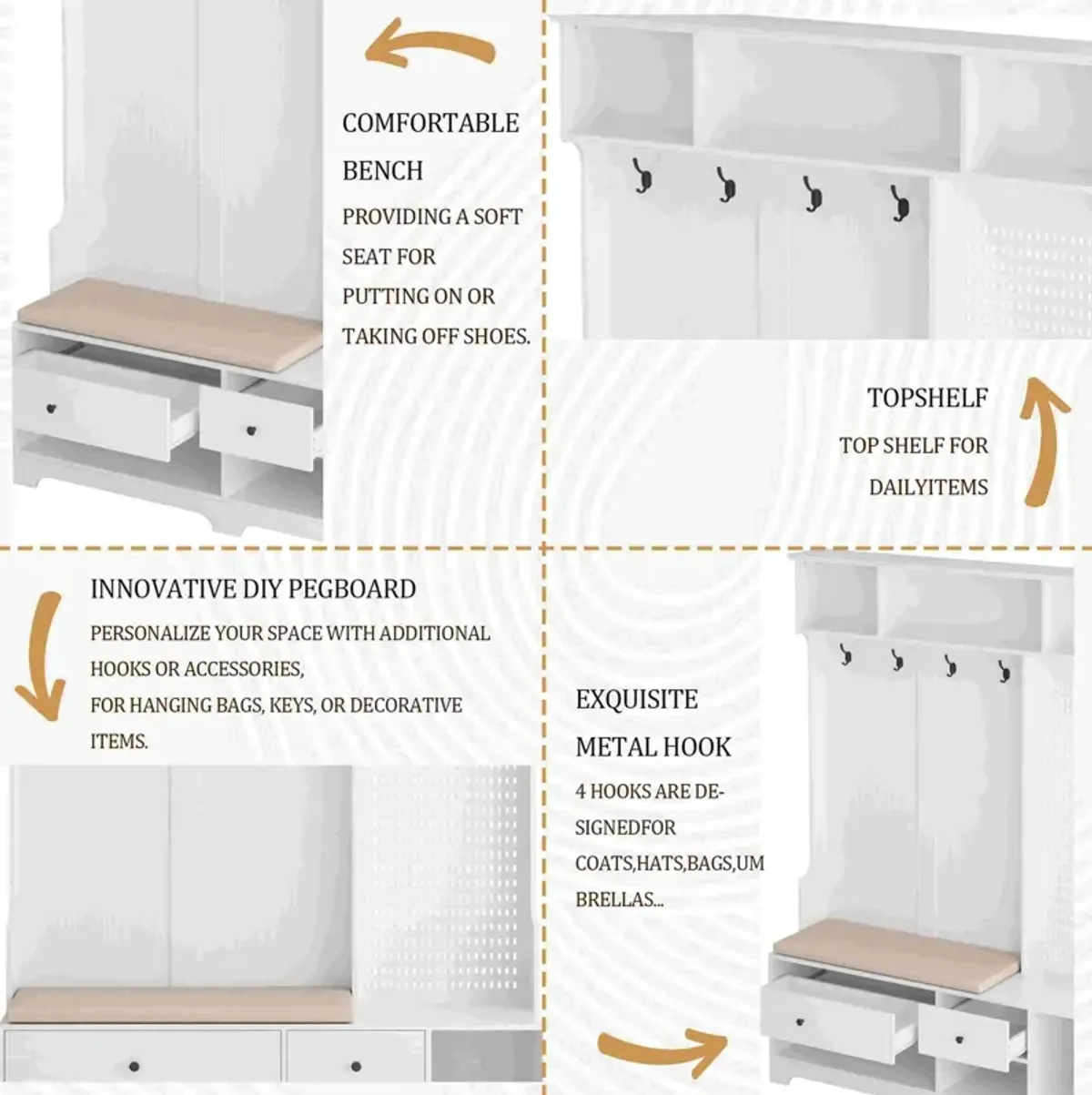 Hall Tree with Shoe Bench, Coat Rack ,Shoe Storage ,Storage Shelves and Pegboard, for Hallways, Halls and Bedrooms