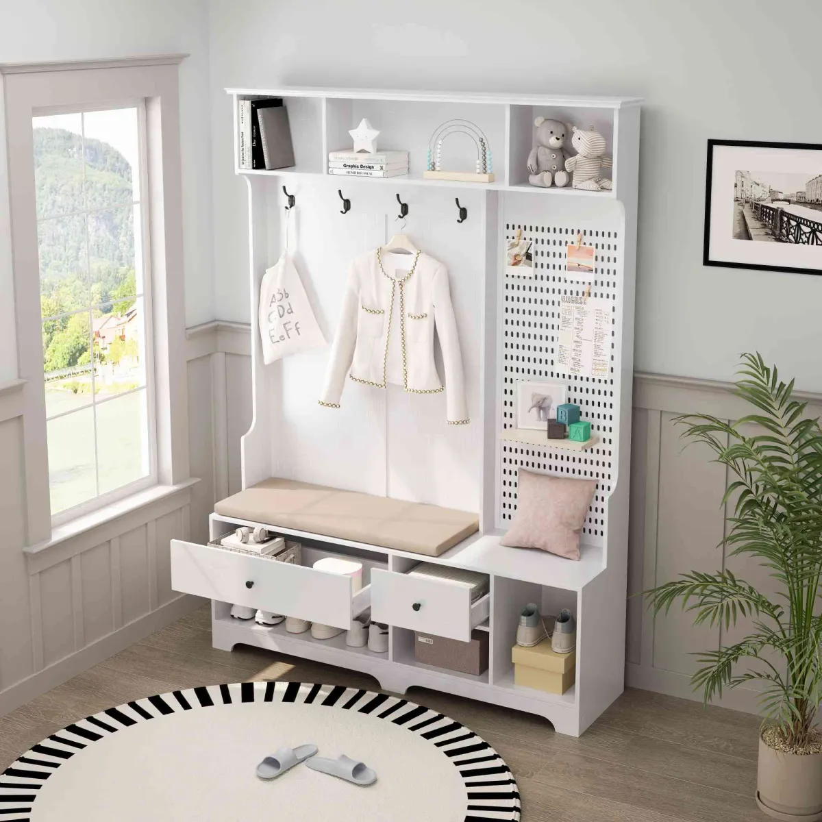 Hall Tree with Shoe Bench, Coat Rack ,Shoe Storage ,Storage Shelves and Pegboard, for Hallways, Halls and Bedrooms