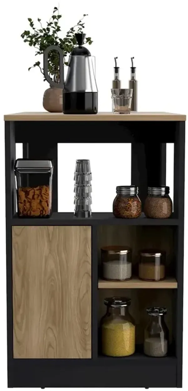 Kitchen Island 36" H, Three Shelves and One Cabinet, Black / Natural Oak