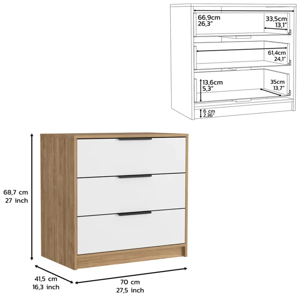 3 Drawers Dresser Maryland, Bedroom, White / Pine