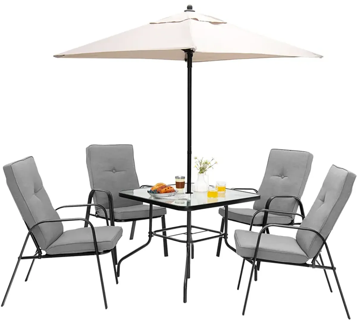 6 Pieces Patio Dining Set with Umbrella and Stackable Cushioned Chairs