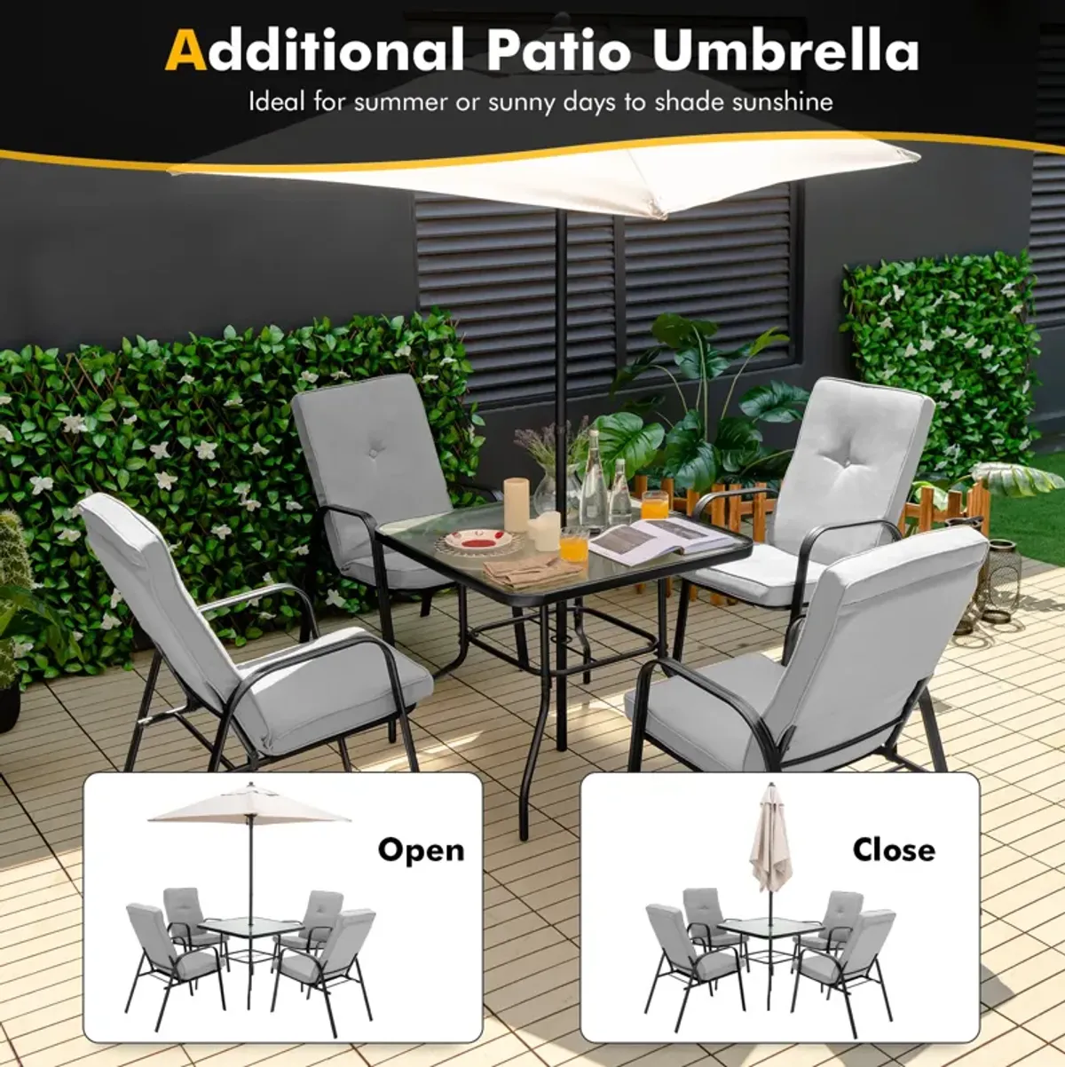 6 Pieces Patio Dining Set with Umbrella and Stackable Cushioned Chairs