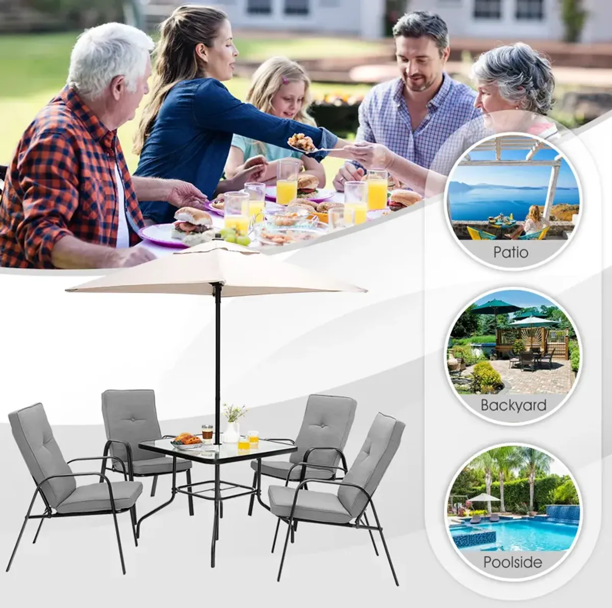 6 Pieces Patio Dining Set with Umbrella and Stackable Cushioned Chairs