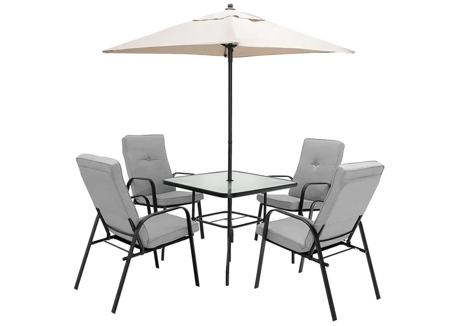 6 Pieces Patio Dining Set with Umbrella and Stackable Cushioned Chairs