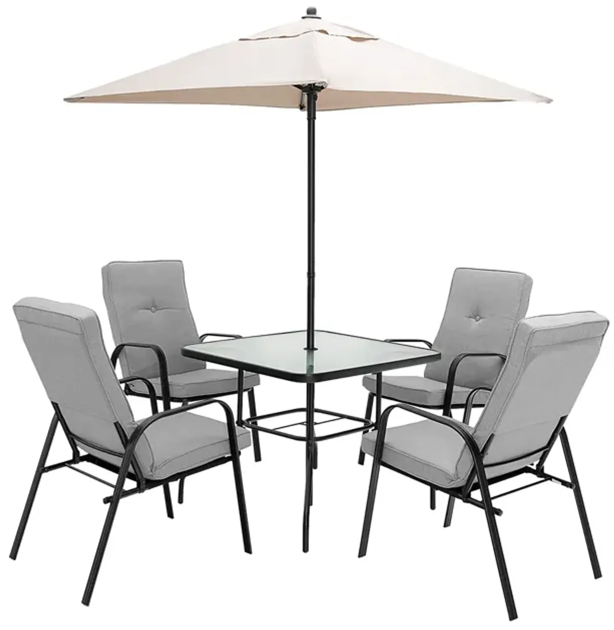 6 Pieces Patio Dining Set with Umbrella and Stackable Cushioned Chairs