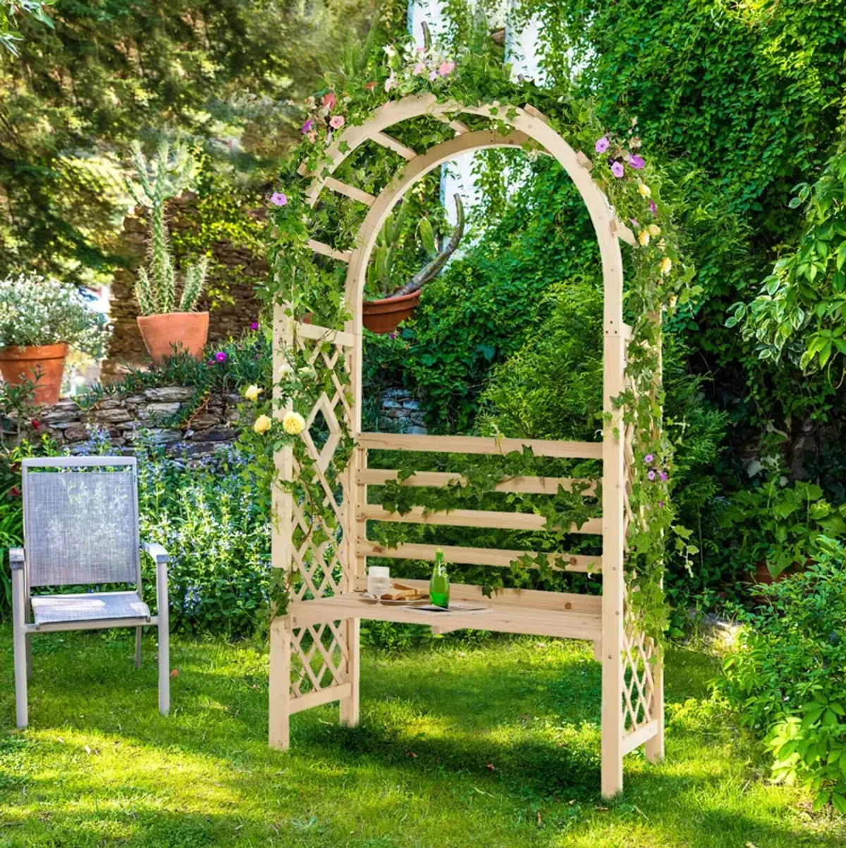 Wooden Garden Bench Arch Pergola Outdoor Arbor