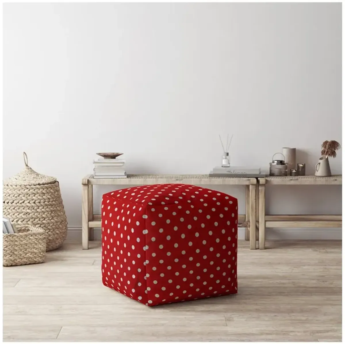 Hivvago 17" Red Cotton Polka Dots Pouf Ottoman