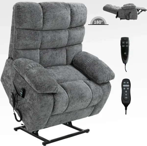 Brown Dual Motor Infinite Position Up to 350 LBS Chenille Power Lift Recliner Chair, Heavy Duty Motion Mechanism with 8-Point Vibration Massage and Lumbar Heating, Dual Cup Holders