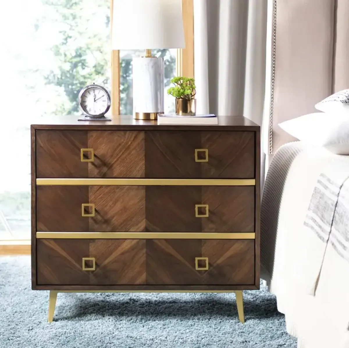 Safavieh Katia 3 Drawer Chest, Walnut Parquet/Gold
