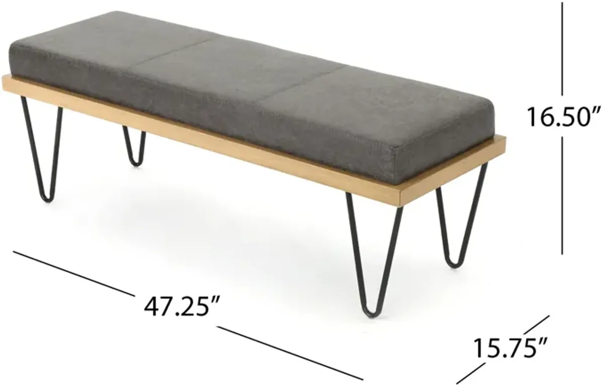 Sinu Bench, Dark Gray Fabric, Brown Wood, Black Hairpin Legs, 47 Inch -Benzara