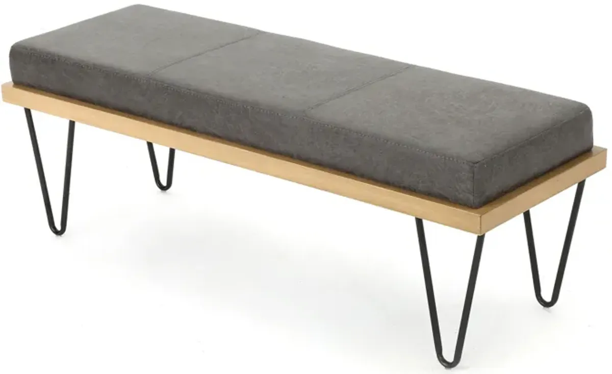 Sinu Bench, Dark Gray Fabric, Brown Wood, Black Hairpin Legs, 47 Inch -Benzara