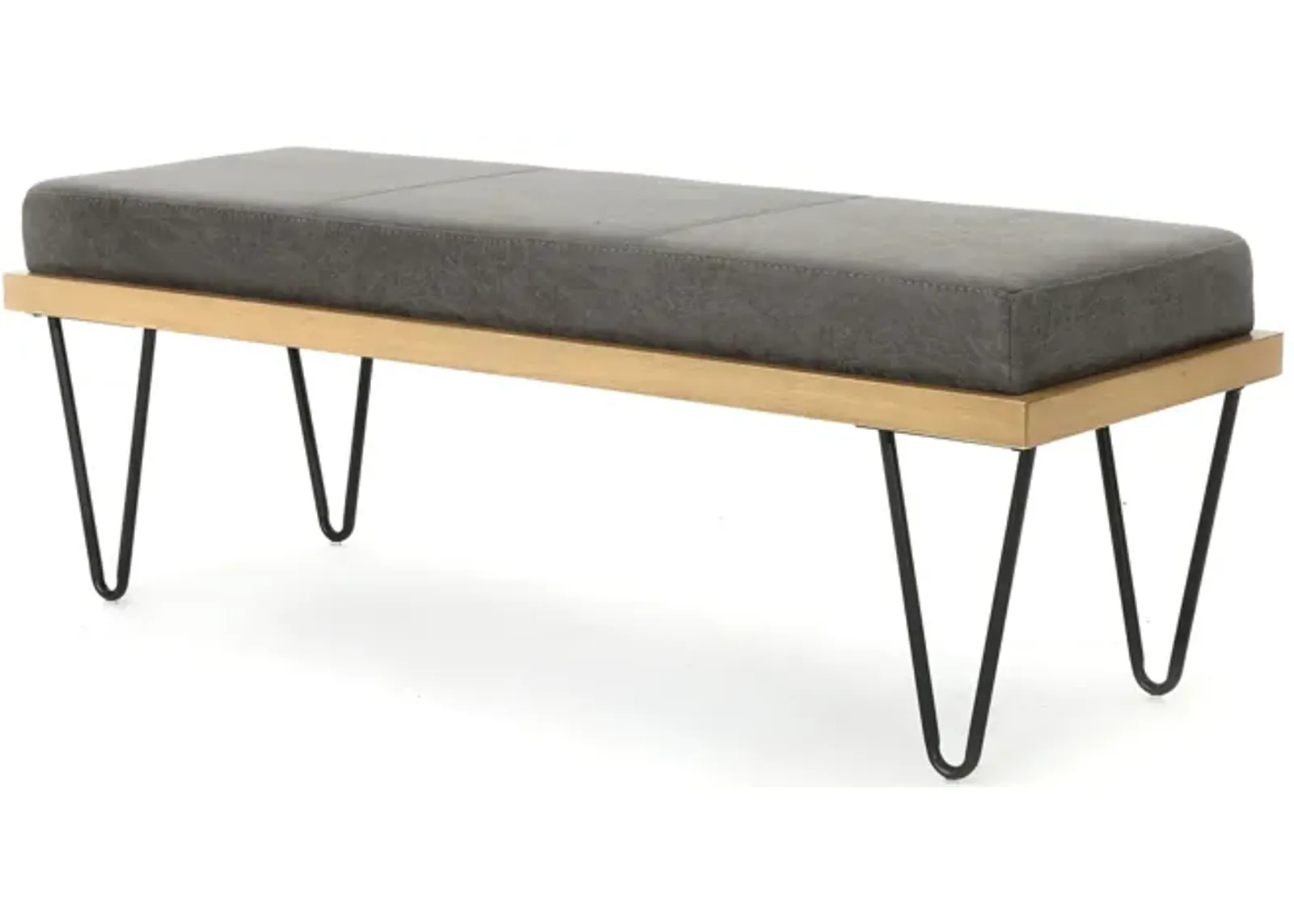 Sinu Bench, Dark Gray Fabric, Brown Wood, Black Hairpin Legs, 47 Inch -Benzara