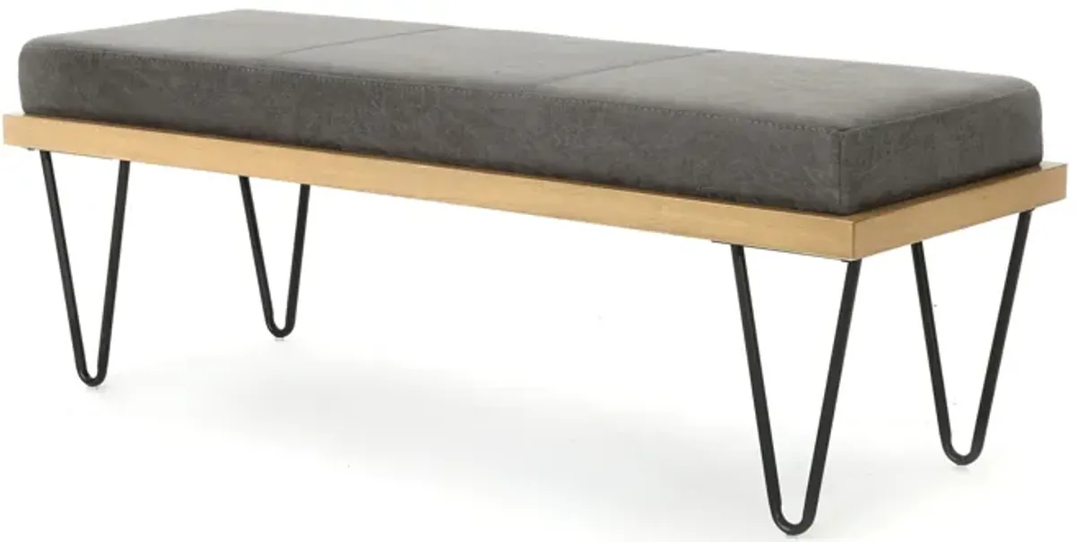 Sinu Bench, Dark Gray Fabric, Brown Wood, Black Hairpin Legs, 47 Inch -Benzara