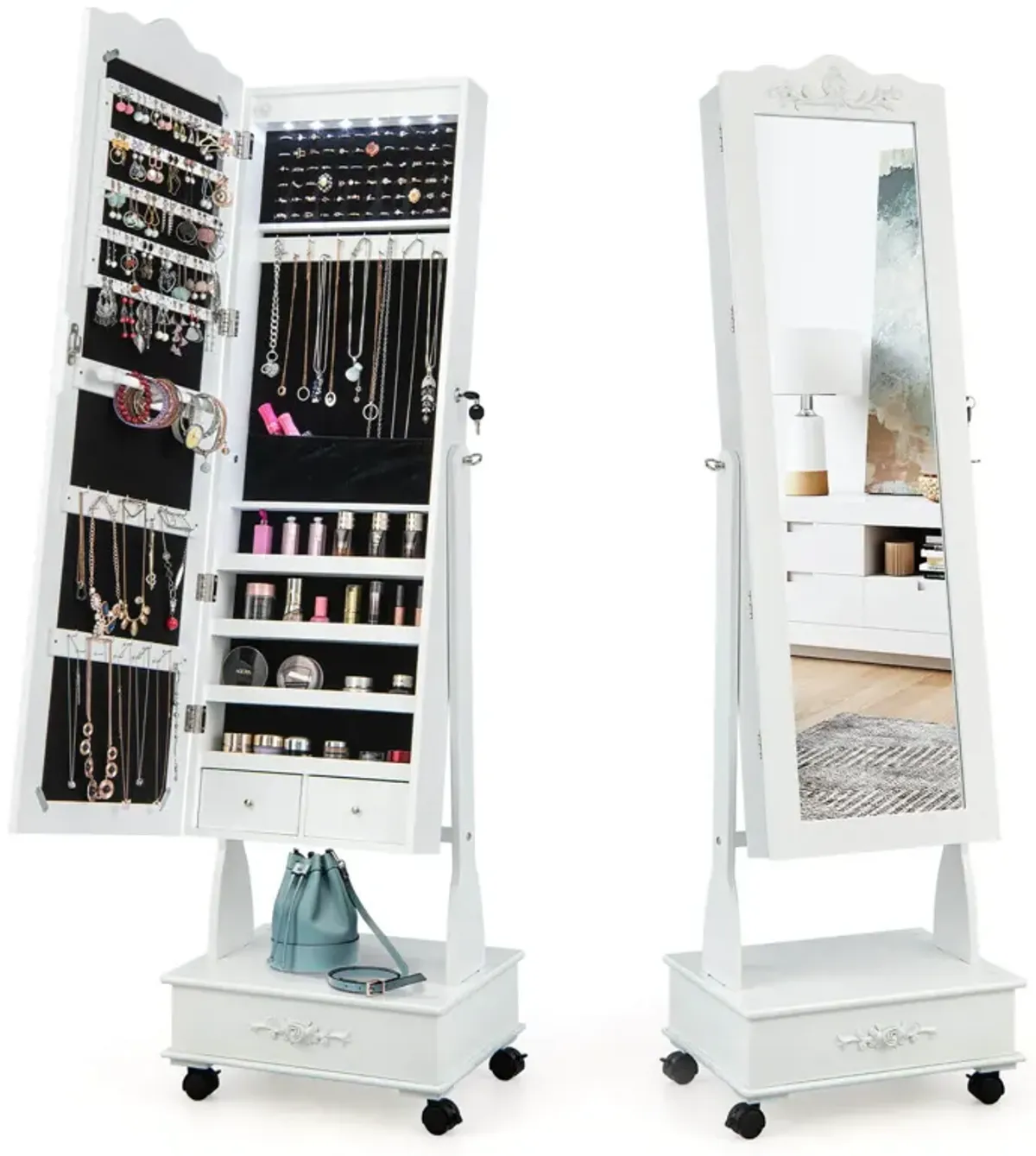 Rolling Floor Standing Mirrored Jewelry Armoire with Lock and Drawers