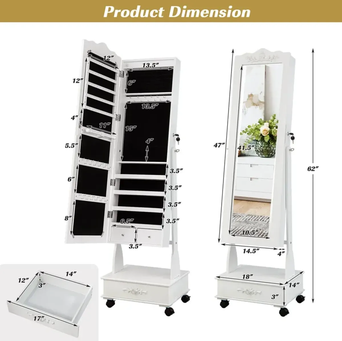 Rolling Floor Standing Mirrored Jewelry Armoire with Lock and Drawers