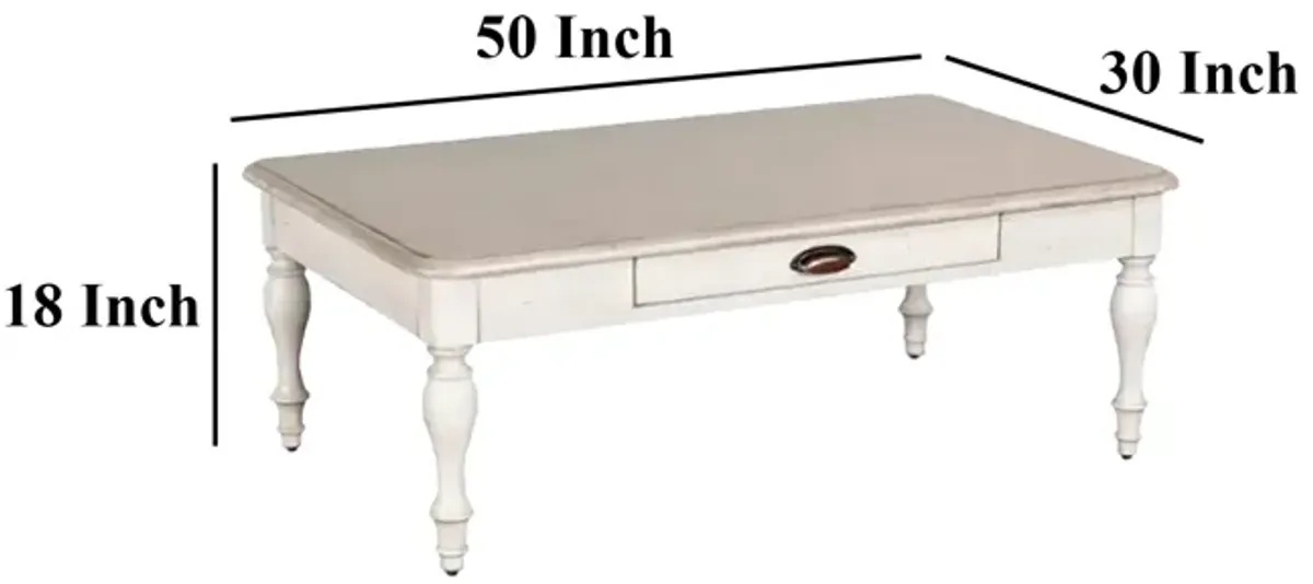 Sain Cocktail Coffee Table, White Turned Legs 50 Inch Rectangular Gray - Benzara