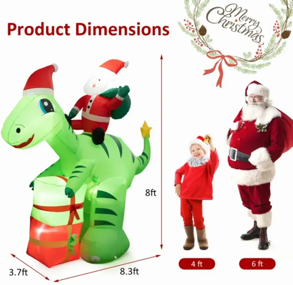 Hivvago 8 Feet Lighted Christmas Inflatable Santa Claus Dinosaur Decoration with Gift Boxes