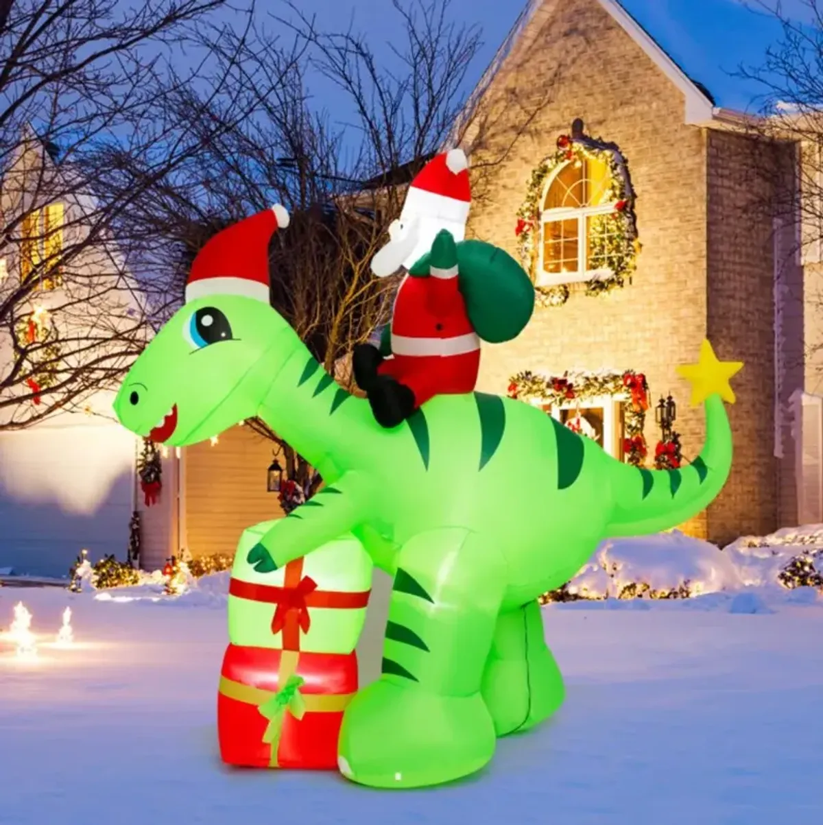 Hivvago 8 Feet Lighted Christmas Inflatable Santa Claus Dinosaur Decoration with Gift Boxes