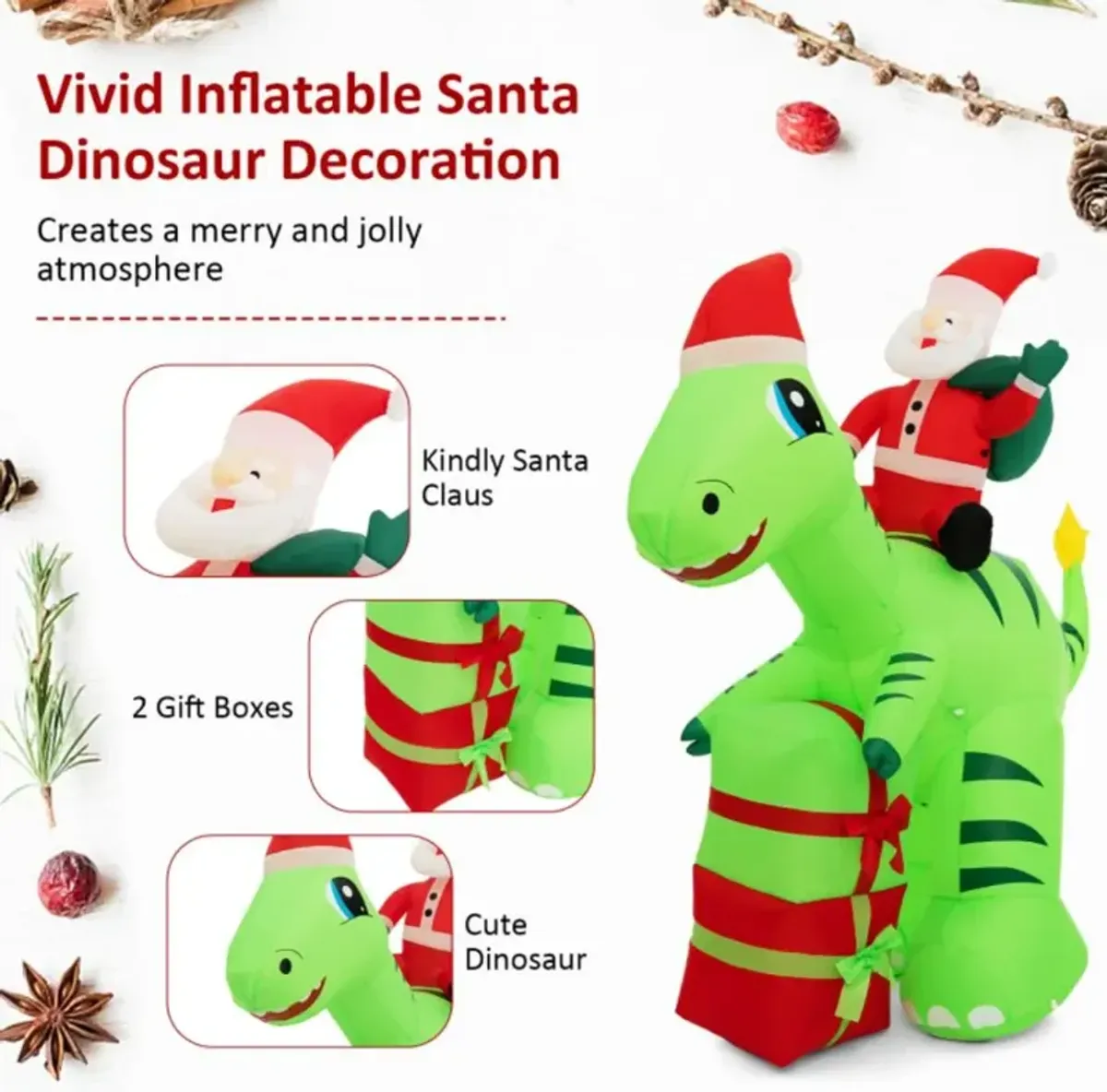 Hivvago 8 Feet Lighted Christmas Inflatable Santa Claus Dinosaur Decoration with Gift Boxes