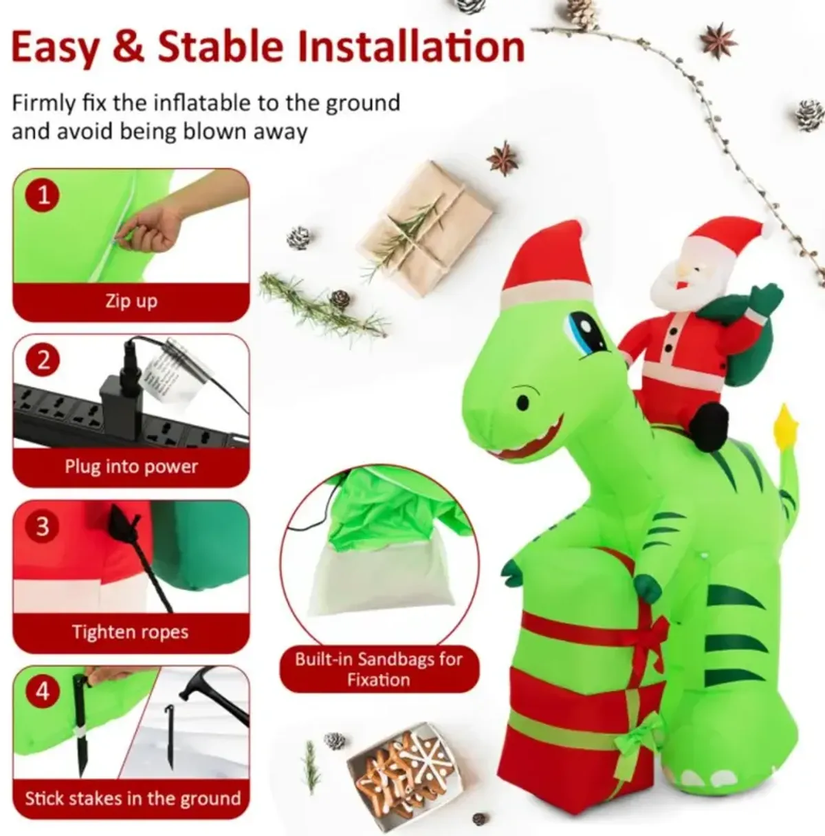 Hivvago 8 Feet Lighted Christmas Inflatable Santa Claus Dinosaur Decoration with Gift Boxes