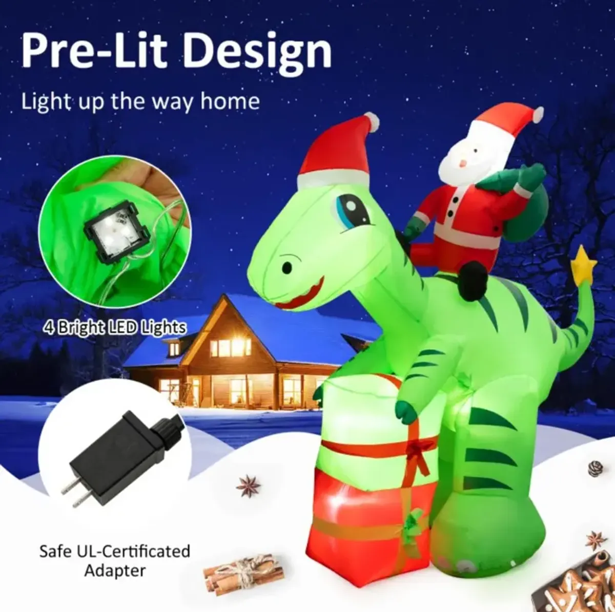 Hivvago 8 Feet Lighted Christmas Inflatable Santa Claus Dinosaur Decoration with Gift Boxes