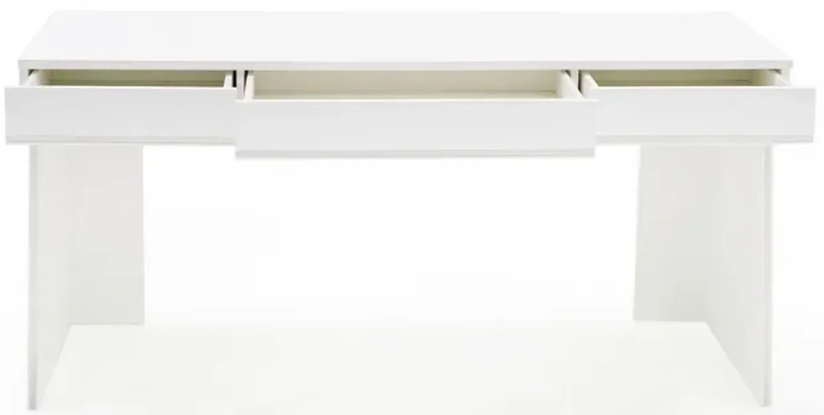 63 Inch Office Desk, 3 Drawers, Modern Glossy White with Steel Metal Frame - Benzara