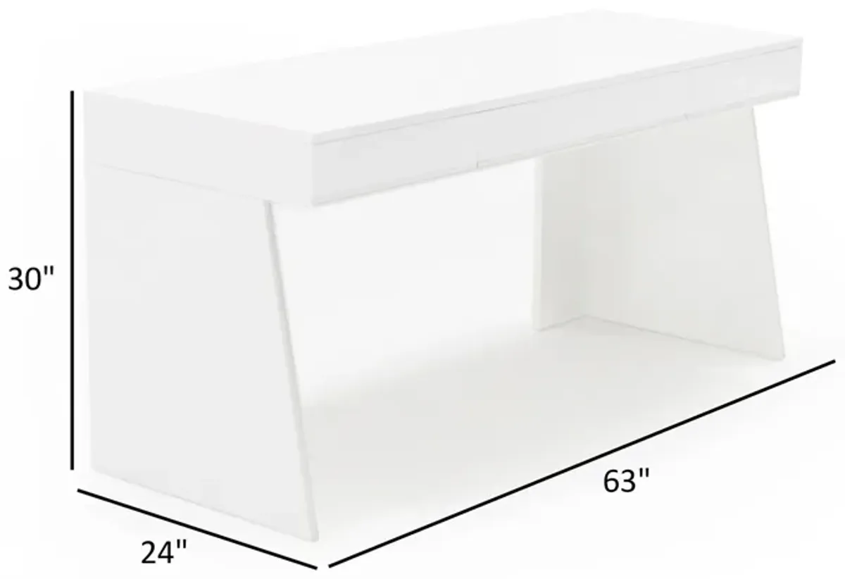 63 Inch Office Desk, 3 Drawers, Modern Glossy White with Steel Metal Frame - Benzara