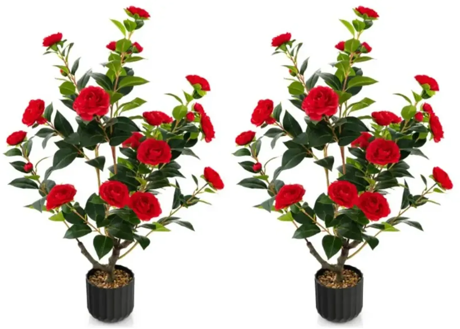 Hivvago 38 Inch Artificial Camellia Tree Faux Flower Plant in Cement Pot 2 Pack