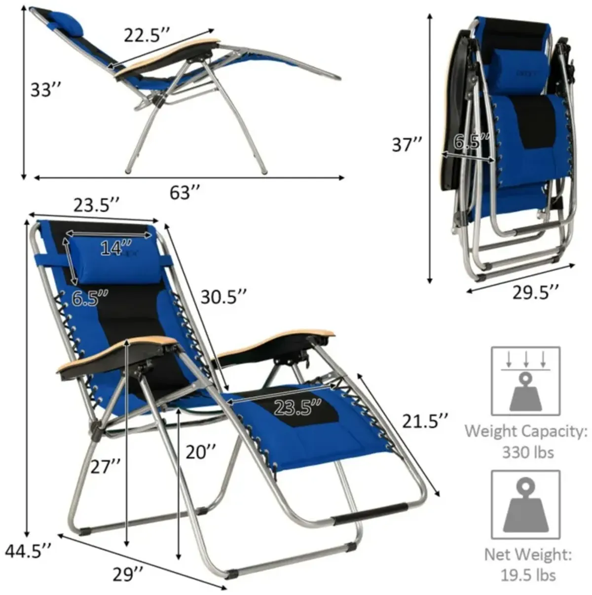 Hivvago Oversize Folding Adjustable Padded Zero Gravity Lounge Chair