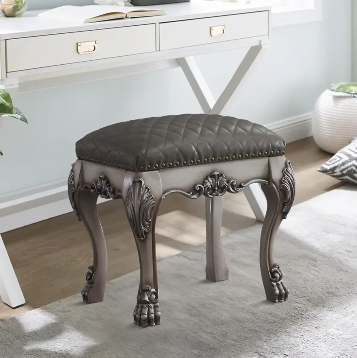 Traditional Wooden Vanity Stool with Leatherette Set and Clack Legs, Gray-Benzara