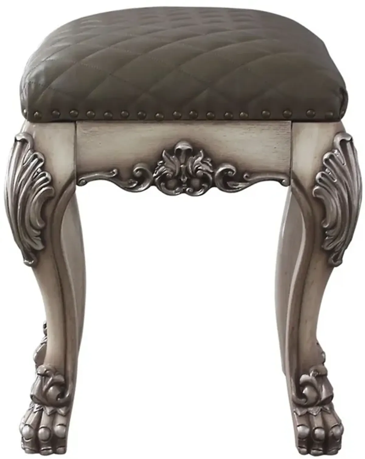 Traditional Wooden Vanity Stool with Leatherette Set and Clack Legs, Gray-Benzara