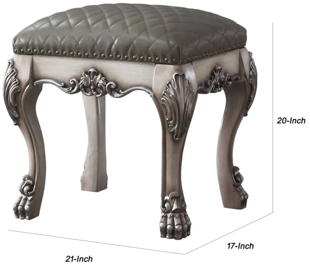 Traditional Wooden Vanity Stool with Leatherette Set and Clack Legs, Gray-Benzara