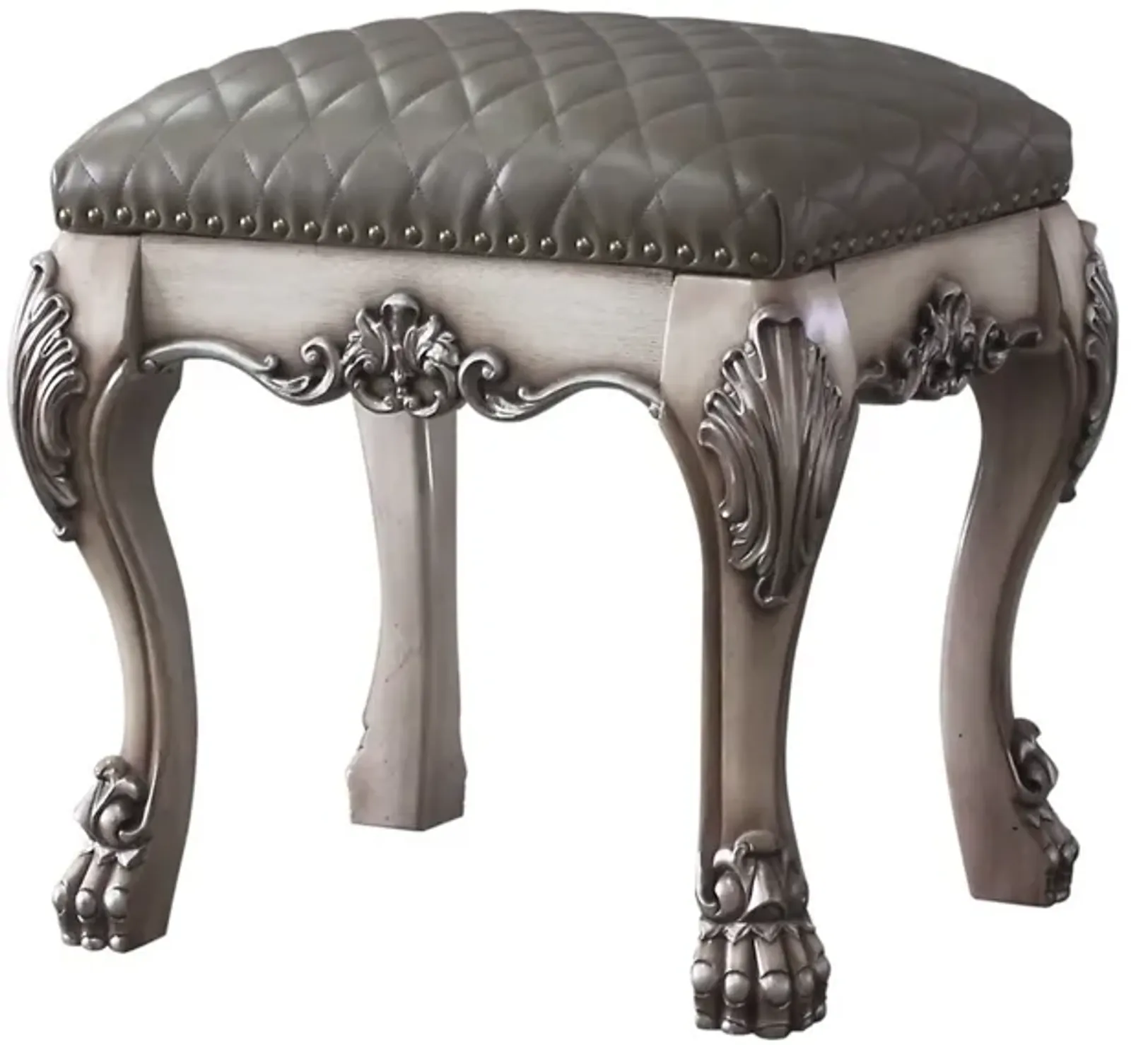 Traditional Wooden Vanity Stool with Leatherette Set and Clack Legs, Gray-Benzara