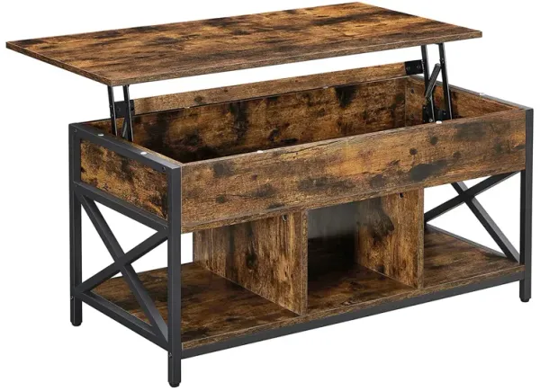39 Inch Lift Top Wood Storage Coffee Table, Black Metal Frame, Rustic Brown-Benzara