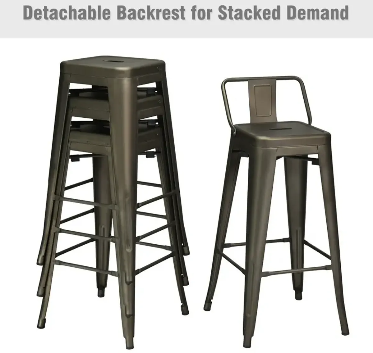 30 Inch Set of 4 Metal Counter Height Barstools with Low Back and Rubber Feet