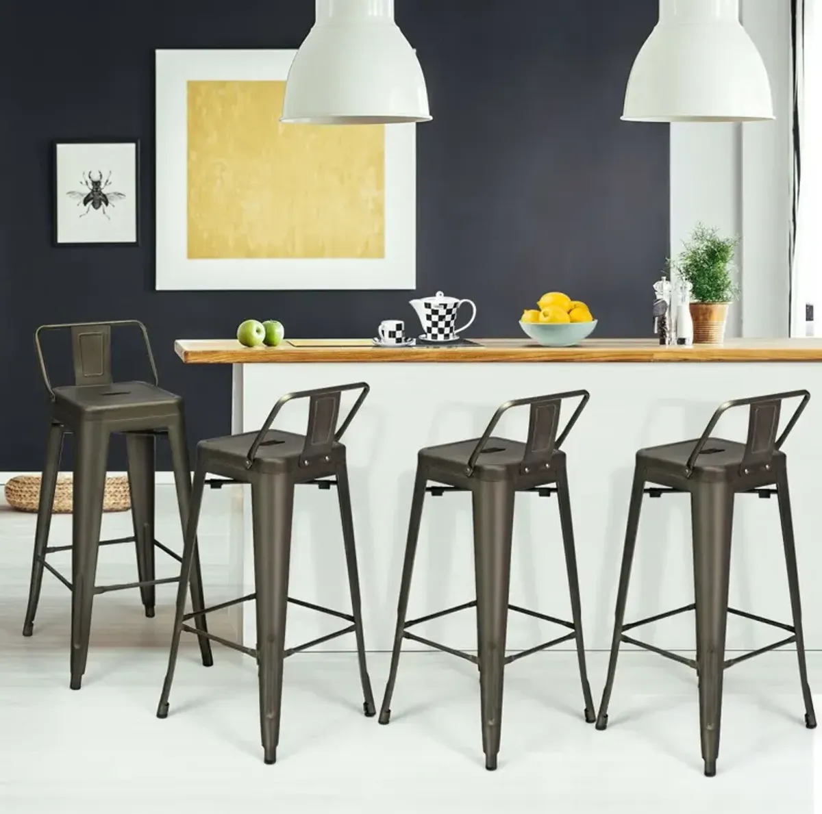 30 Inch Set of 4 Metal Counter Height Barstools with Low Back and Rubber Feet