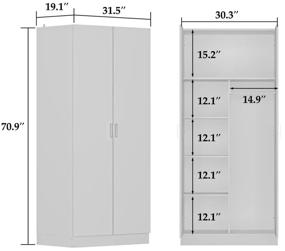 White Finish 2-Doors Armoire with Hanging Rod and 5-Storage-Shelves 71 in. H x 31.5 in. W x 15.7 in. D