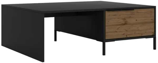 Wood and Metal Rectangular Accent Coffee Table with Drawer, Brown and Black-Benzara