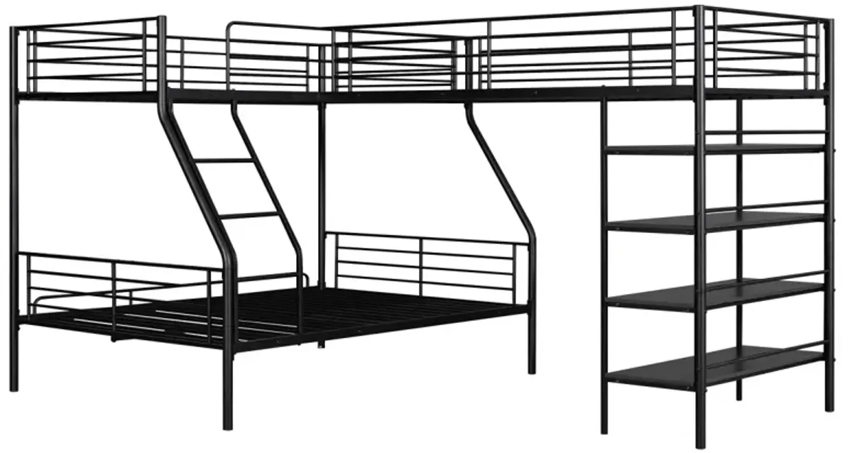 L-Shaped Metal Twin Over Full Bunk Bed And Twin Size Loft Bed With Four Built-In Shelves