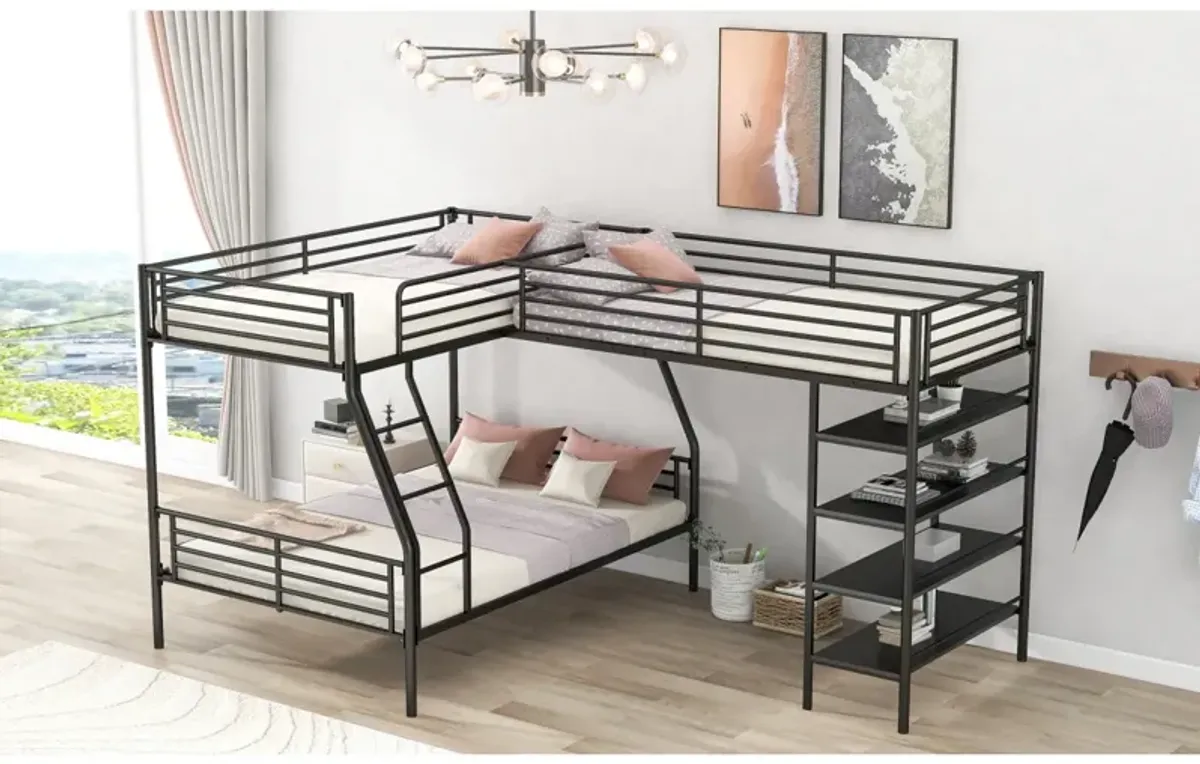 L-Shaped Metal Twin Over Full Bunk Bed And Twin Size Loft Bed With Four Built-In Shelves