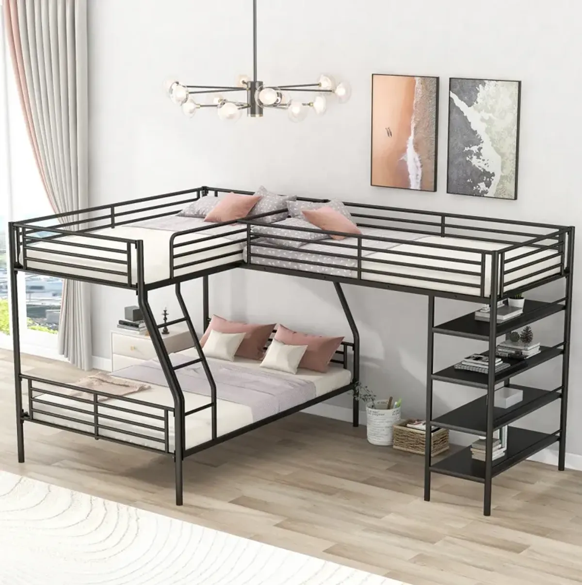 L-Shaped Metal Twin Over Full Bunk Bed And Twin Size Loft Bed With Four Built-In Shelves