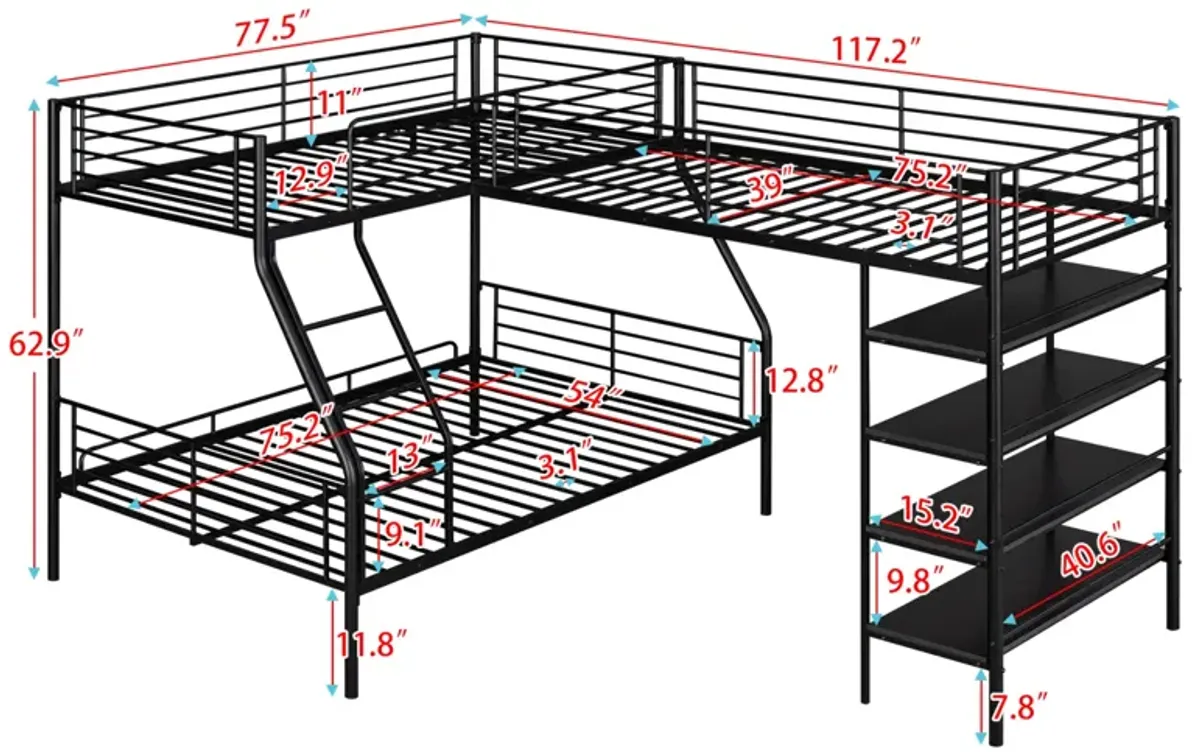 L-Shaped Metal Twin Over Full Bunk Bed And Twin Size Loft Bed With Four Built-In Shelves