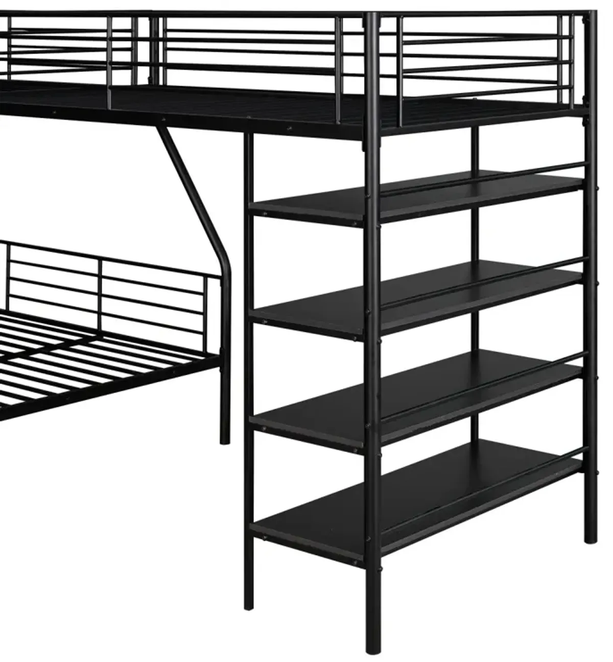 L-Shaped Metal Twin Over Full Bunk Bed And Twin Size Loft Bed With Four Built-In Shelves