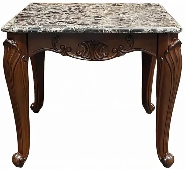 Aliya Side End Table, Rectangular 28 Inch Marble, Cherry Brown Wood - Benzara