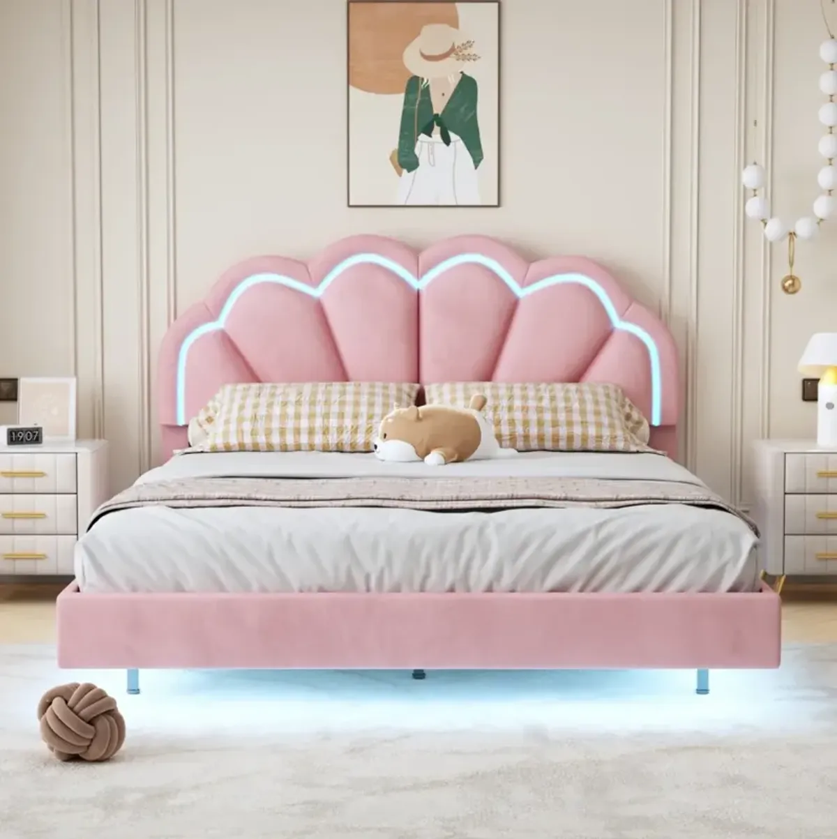 LED Platform Bed with Upholstered Headboard