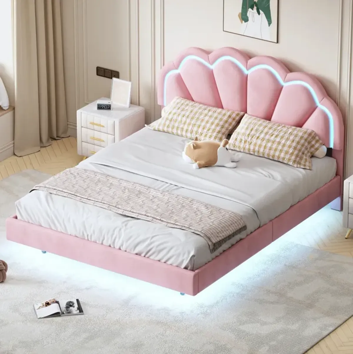 LED Platform Bed with Upholstered Headboard