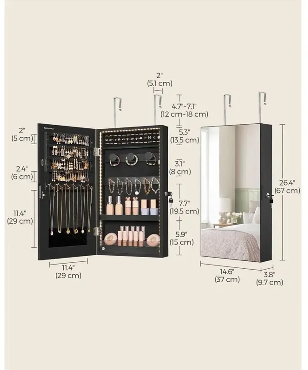 Door Mounted Jewelry Armoire with Full-Length Mirror and Organized Storage