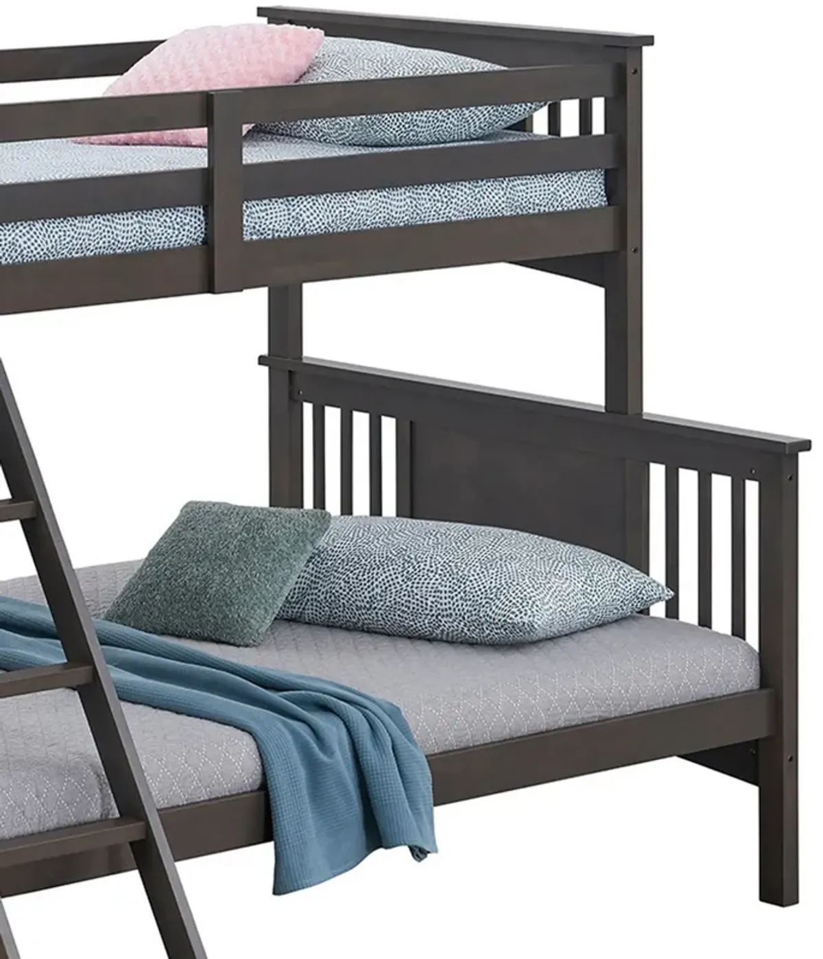 Ricky Twin Over Full Bunk Bed, Angled Ladder, Stain Gray Solid Hardwood